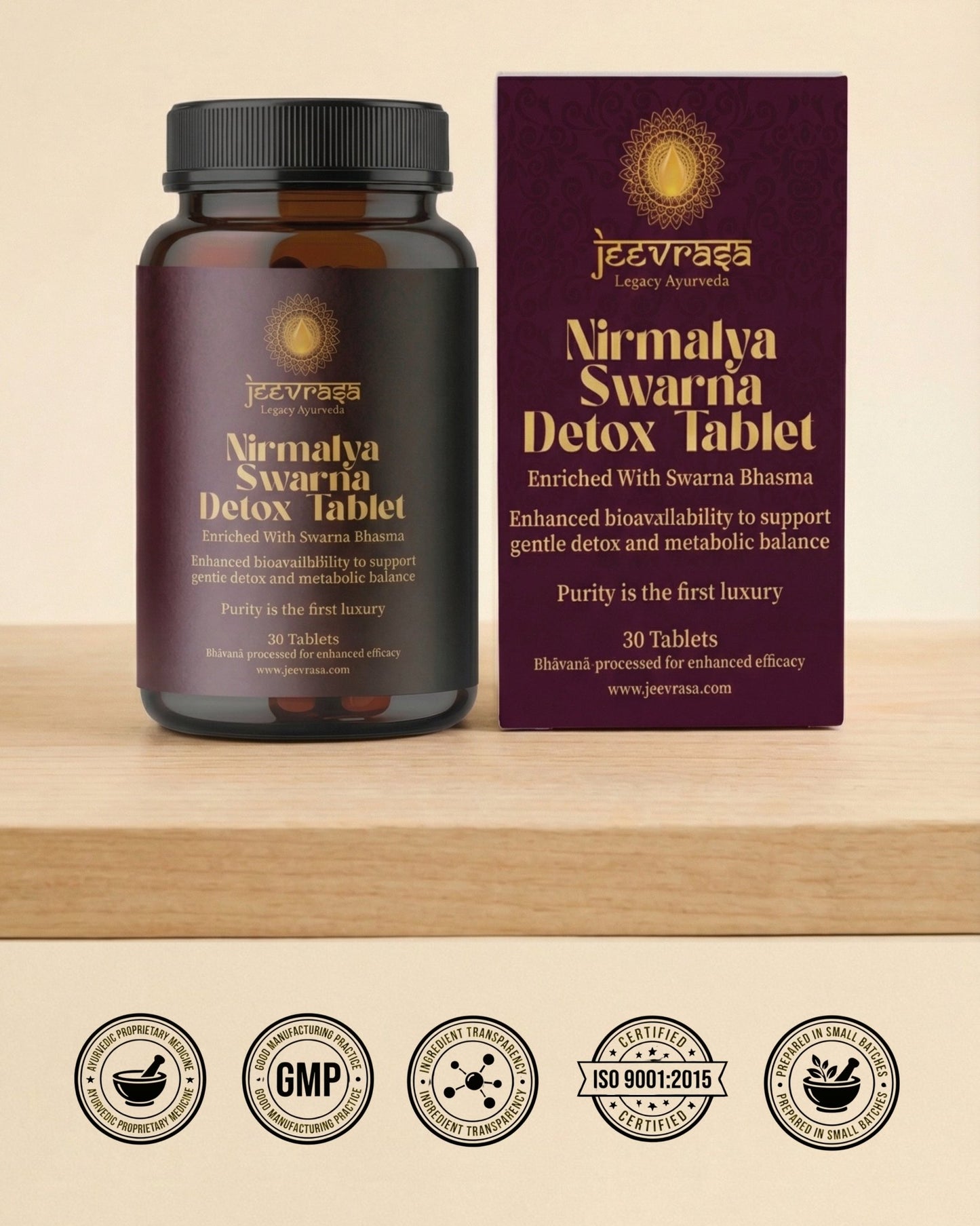 bottles of nirmalya swarna detox on a platform and also showing all the certifications