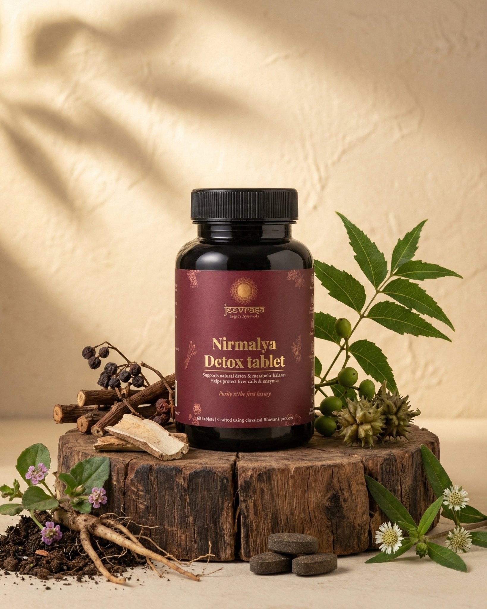 Nirmalya liver Detox Tablet bottle on a wooden platform with natural elements