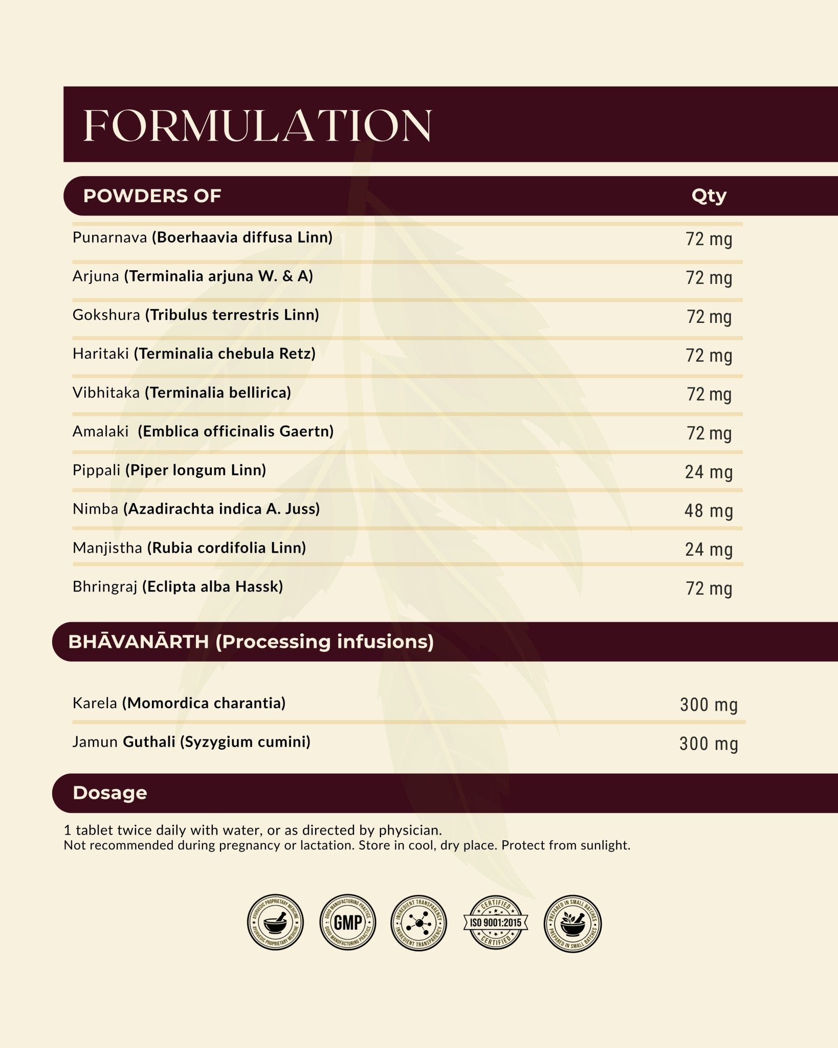Formulation and dosage information for Jeevrasa Nirmalya liver Detox Tablet on a beige background with maroon header and footer.