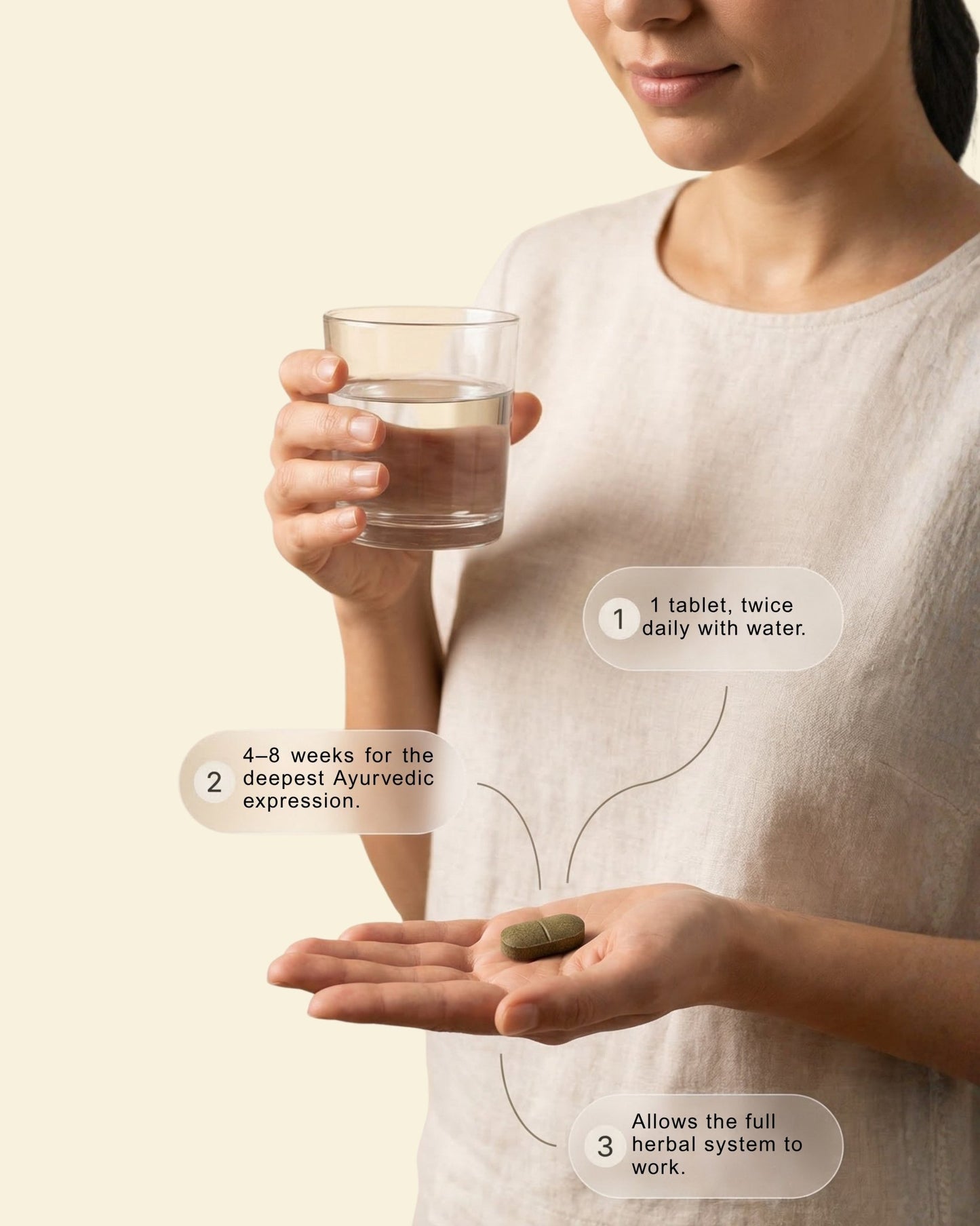 Person holding a glass of water and a Jeevrasa liver detox tablet with text on a plain background