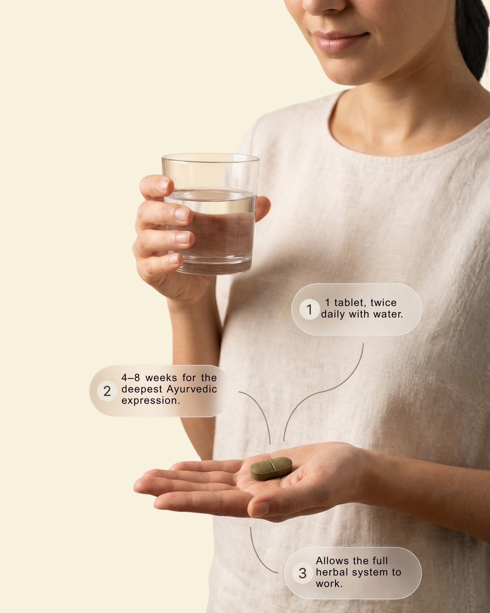Person holding a glass of water and a Jeevrasa liver detox tablet with text on a plain background