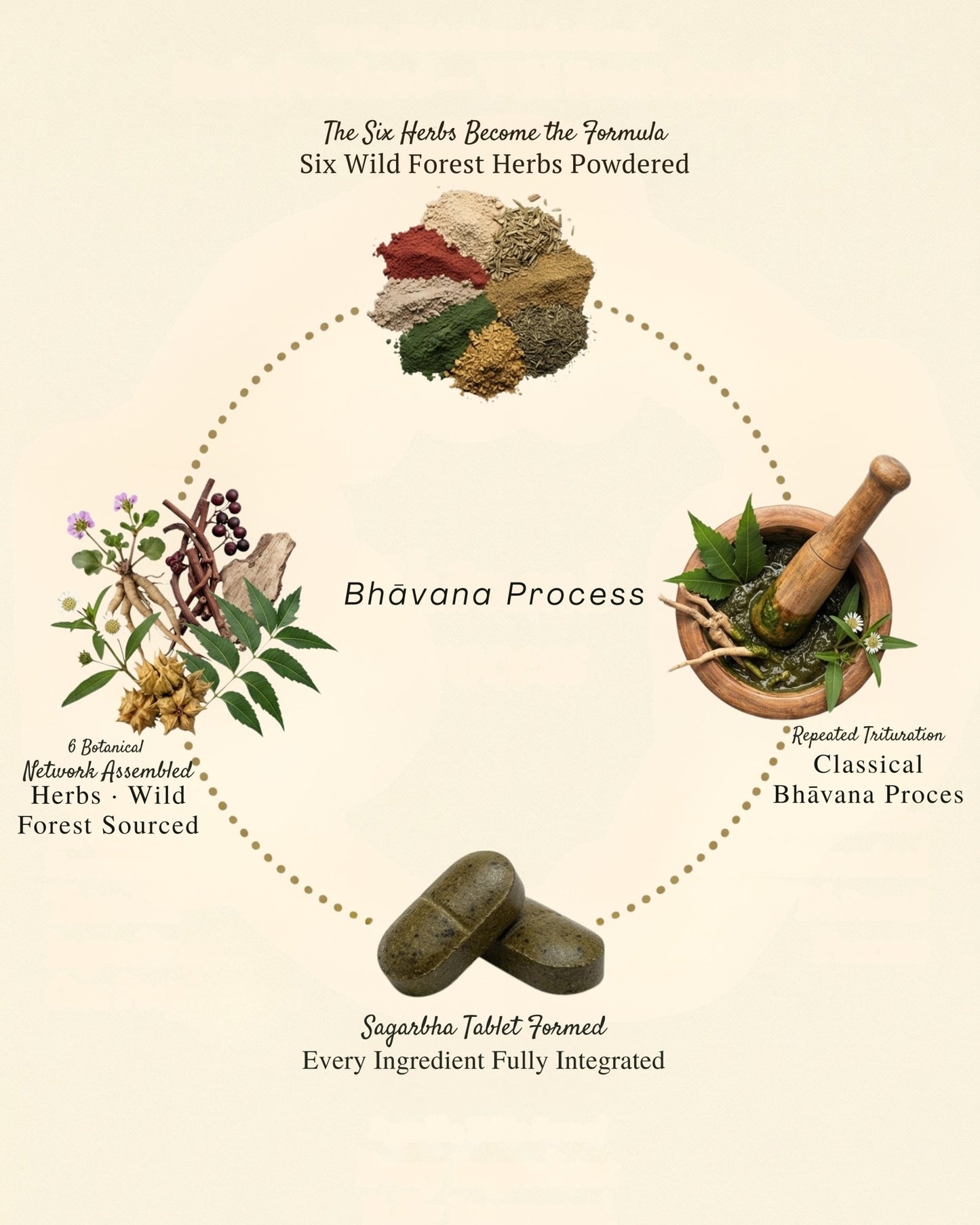 Diagram of the Bhavana Process for preparing a herbal formula with wild forest herbs.