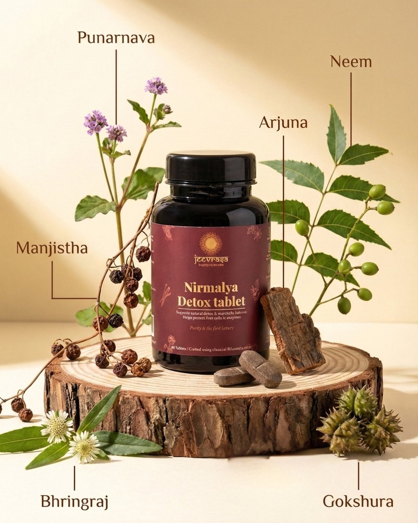 Nirmalya Detox tablet bottle with herbs on a wooden stump