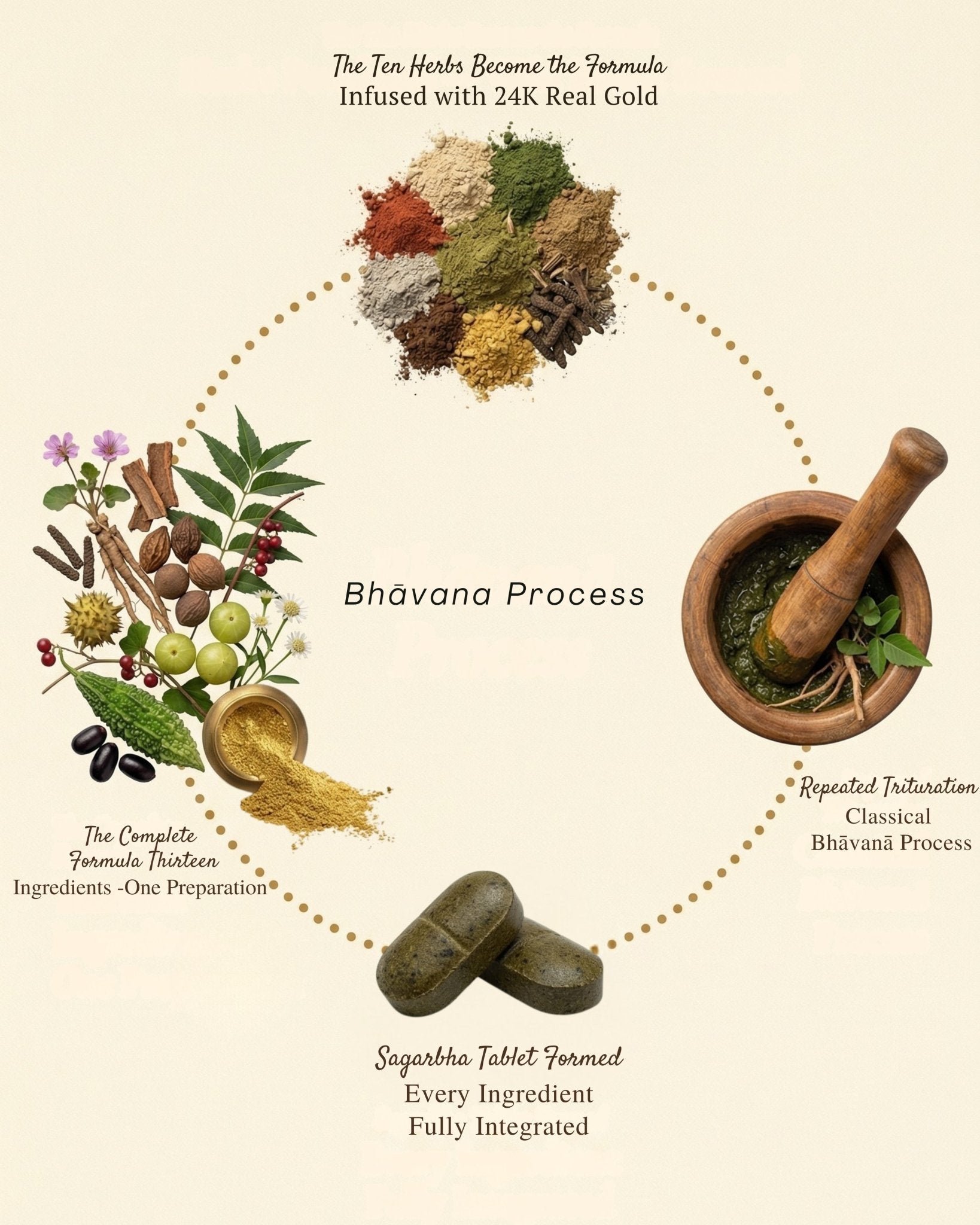 Illustration of herbs, spices, and a mortar and pestle with text on a beige background