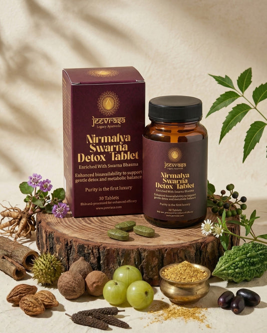 Nirmalya Swarna Detox Tablet packaging on a wooden stump with natural ingredients.
