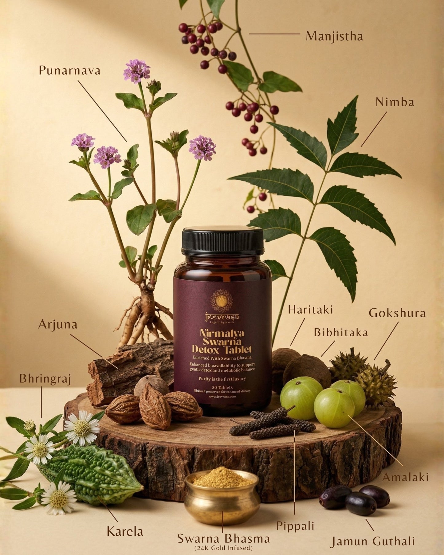 Ayurvedic medicine bottle with labeled herbs on a wooden platform