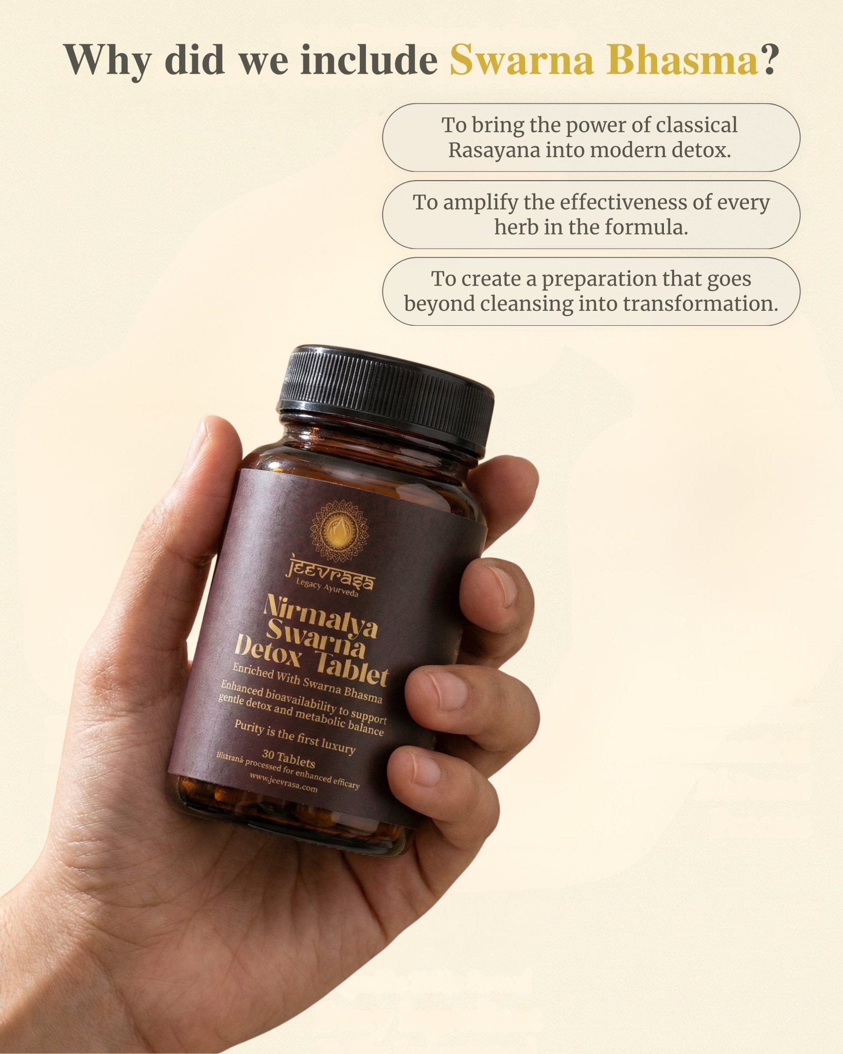 Hand holding a bottle of Nirnayaa Swarna Detox Tablet with text about Swarna Bhasma on a beige background.