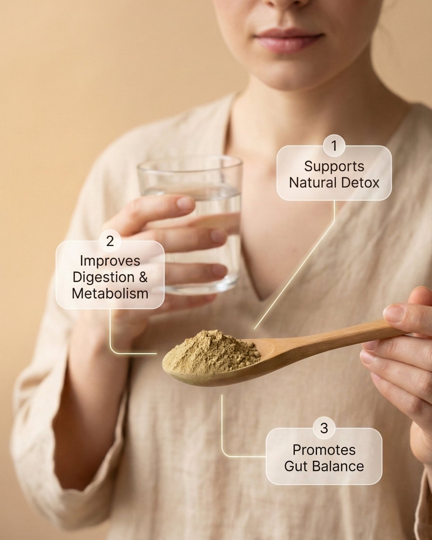 Person holding a glass of water and a wooden spoon with powder, labeled for health benefits on a beige background.