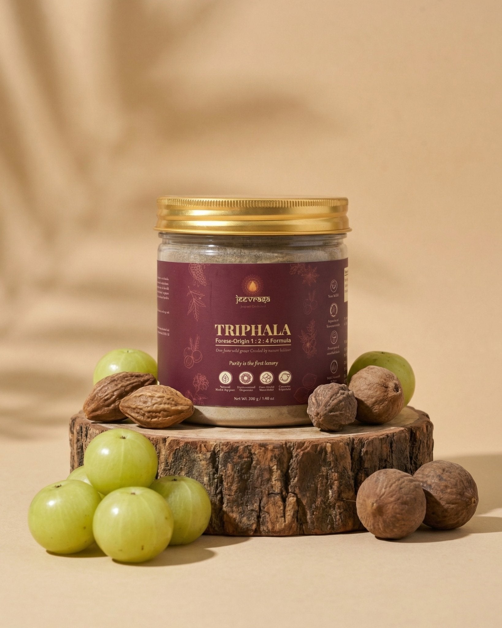 Jar of Triphala with Triphala fruits and nuts on a wooden stump against a beige background